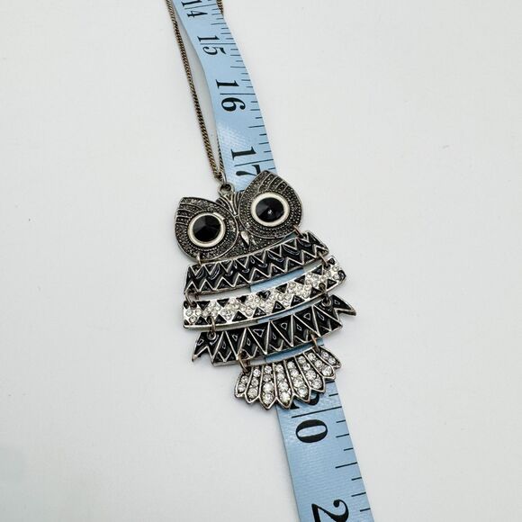 Vintage Art Deco Style Owl Pendant Necklace – Black Enamel & Rhinestone Long - Picture 12 of 13